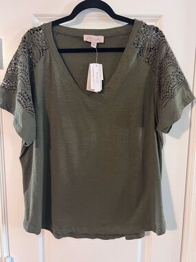 Olive Crochet-Sleeve V-Neck Tee